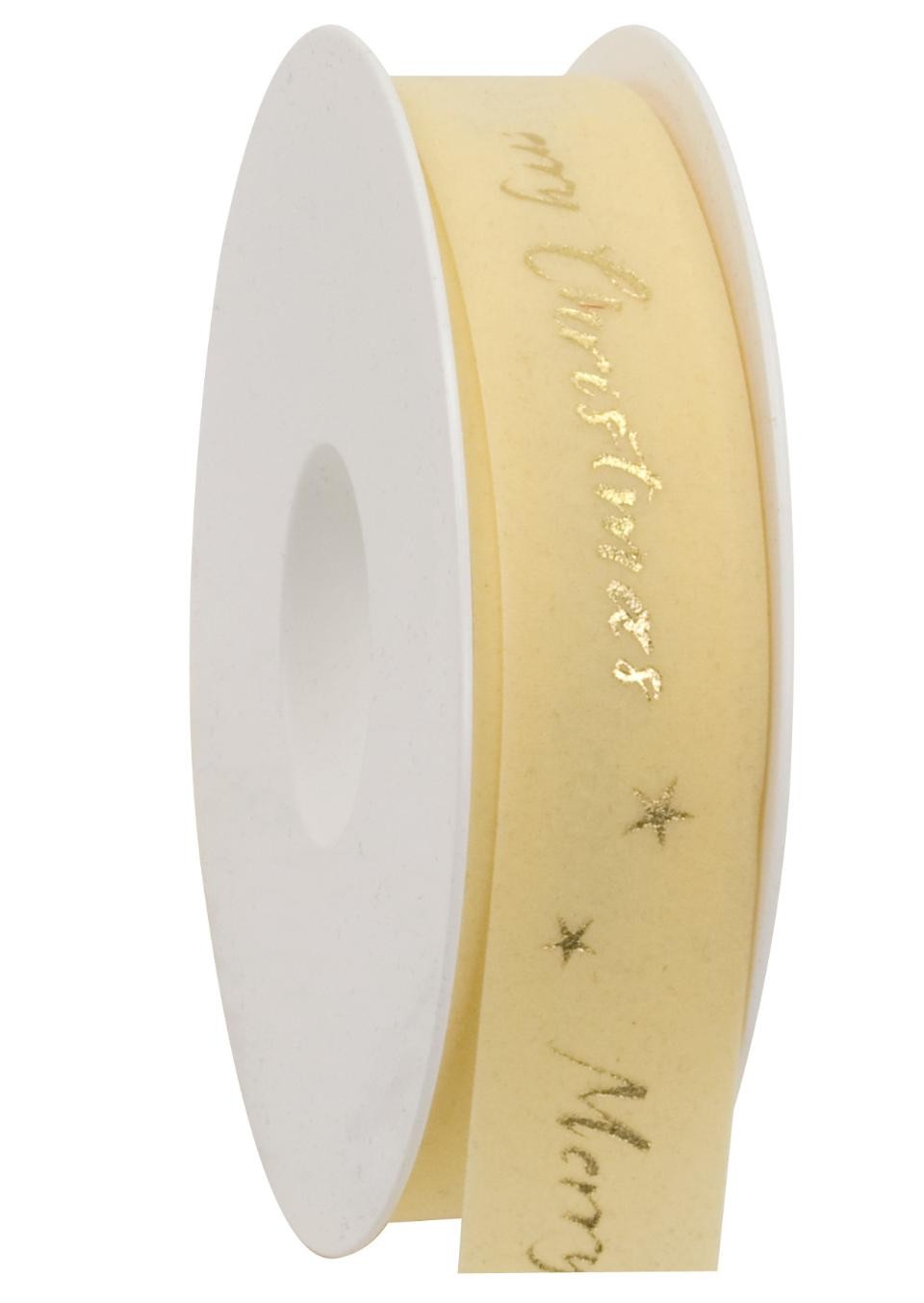nastro natalizio colore crema in velluto con scritta merry christmas goldina 25mm x1mt