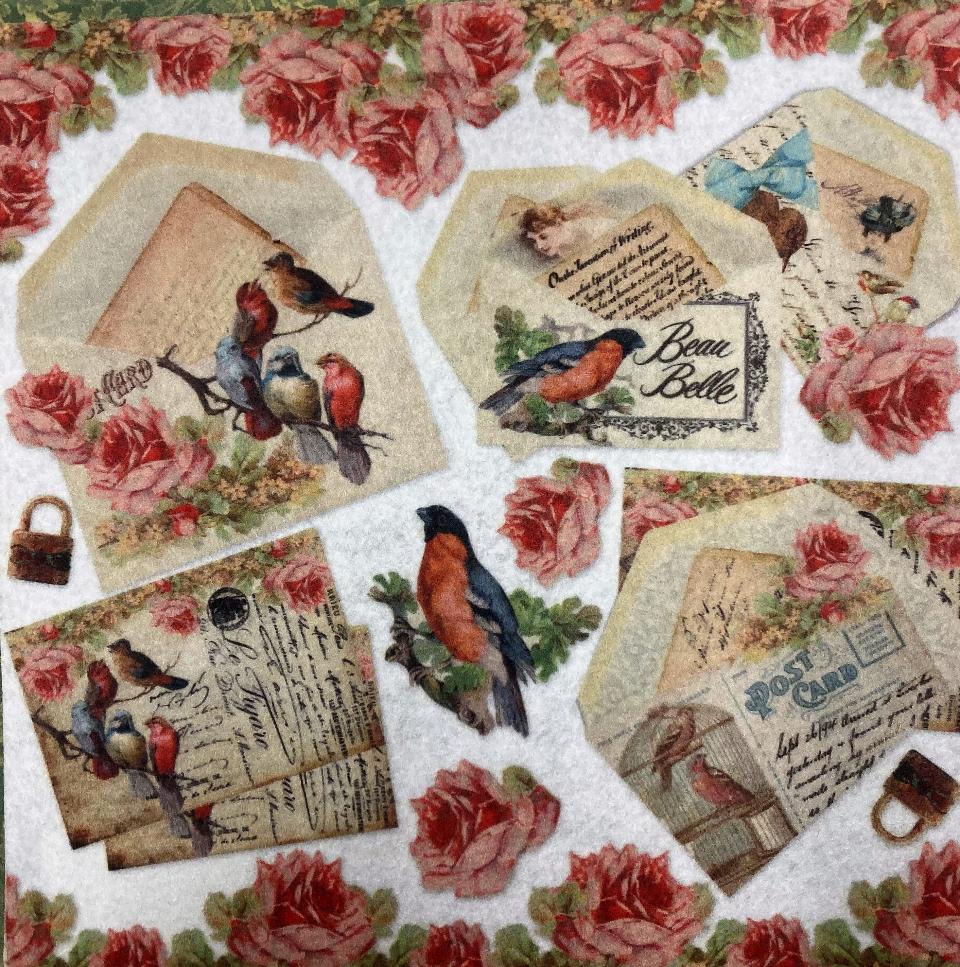 Feltro stampato rose e uccellini stamperia 30x30
