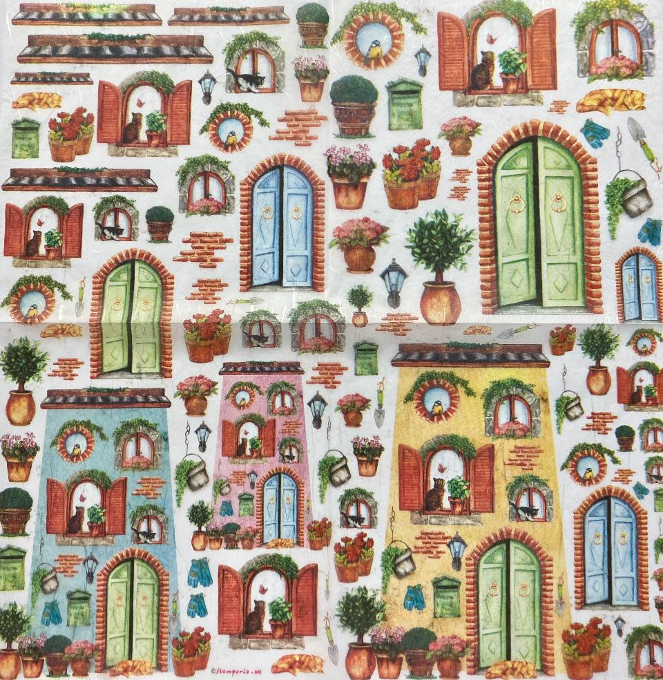 Tovagliolo in carta riso - tegole - gattini e piante da giardino stamperia 50 x 50 cm