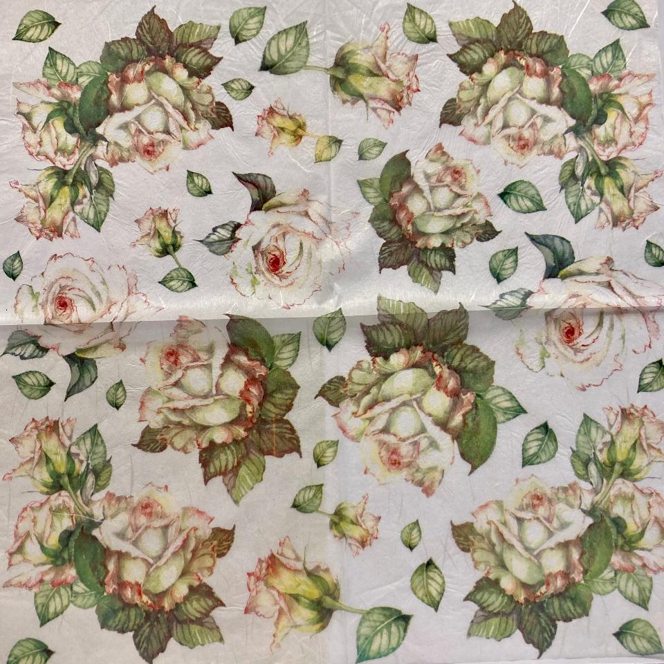 Tovagliolo in carta riso - Rose Bianche con sfumature rosa stamperia 50 x 50 cm