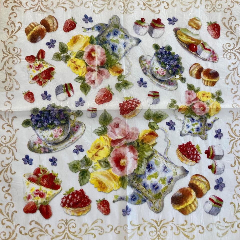 Tovagliolo in carta riso - tazze e teiere con fiori frutta e dolcetti stamperia 50 x 50 cm