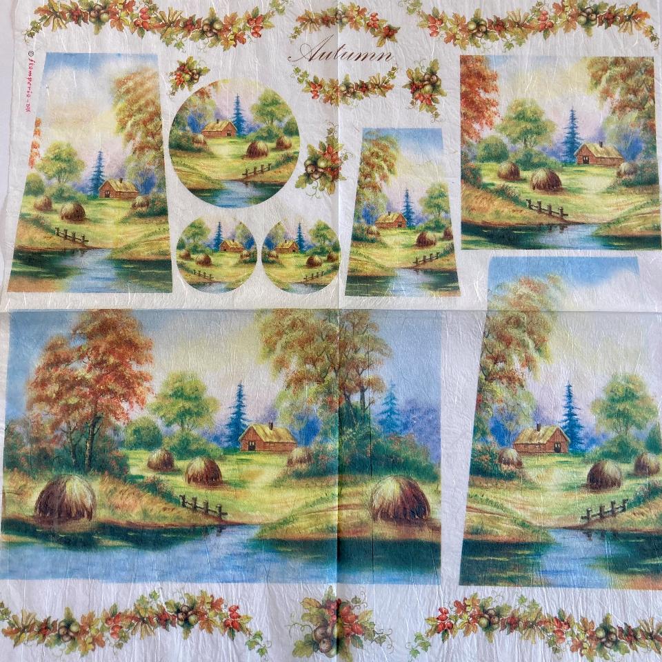 Tovagliolo in carta riso - tegola paesaggio autunnale con casetta di campagna e fieno stamperia 50 x 50 cm