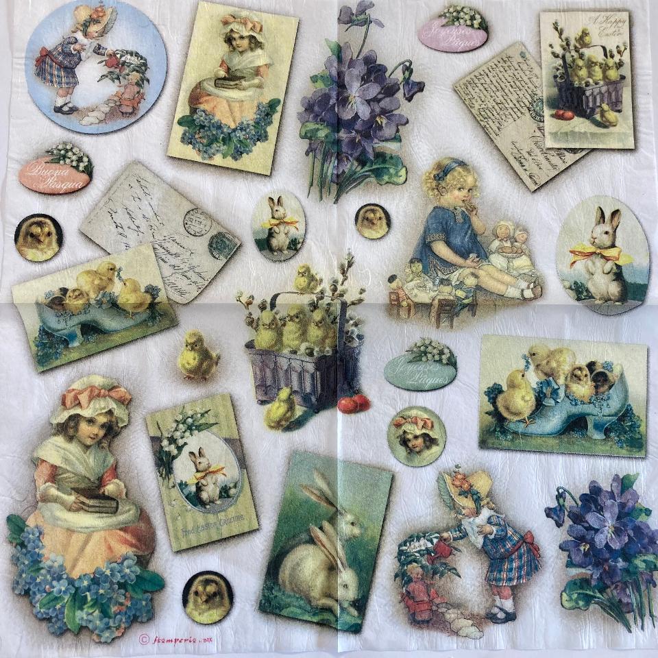 Tovagliolo in carta riso - conigli pulcini e damina in stile vittoriana stamperia 50 x 50 cm