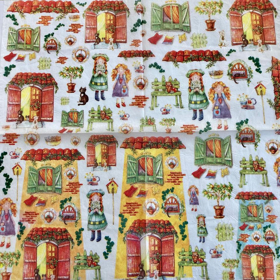 Tovagliolo in carta riso - Tegole con gatiini e bambine stamperia 50 x 50 cm