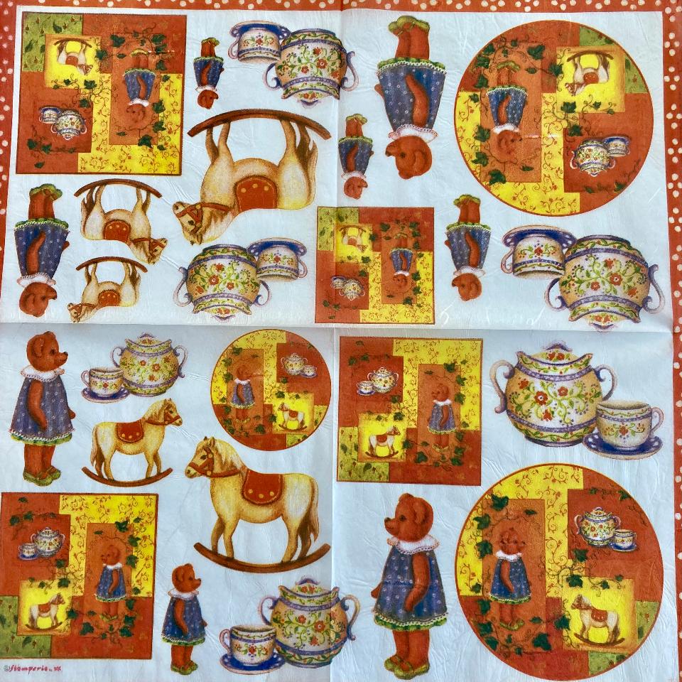 Tovagliolo in carta riso - orsetti - cavallucci a dondolo e tazze e teiera stamperia 50 x 50 cm