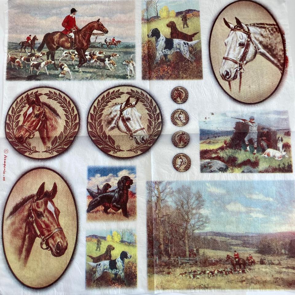 Tovagliolo in carta riso - caccia alla volpe cavalli e cani stamperia 50 x 50 cm
