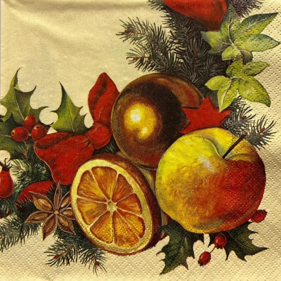 tovaglioli per decoupage Natalizi Palline e frutta con muschio arti e grafica busta da 2 pezzi 33x33