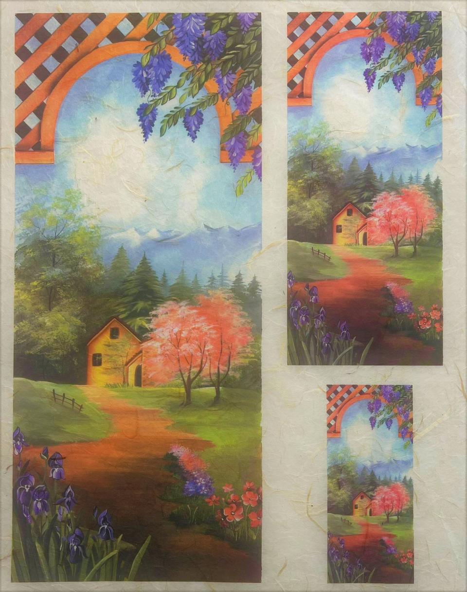 Carta riso paesaggio con sentiero con casa  e lavanda hobbyeblu 33x48