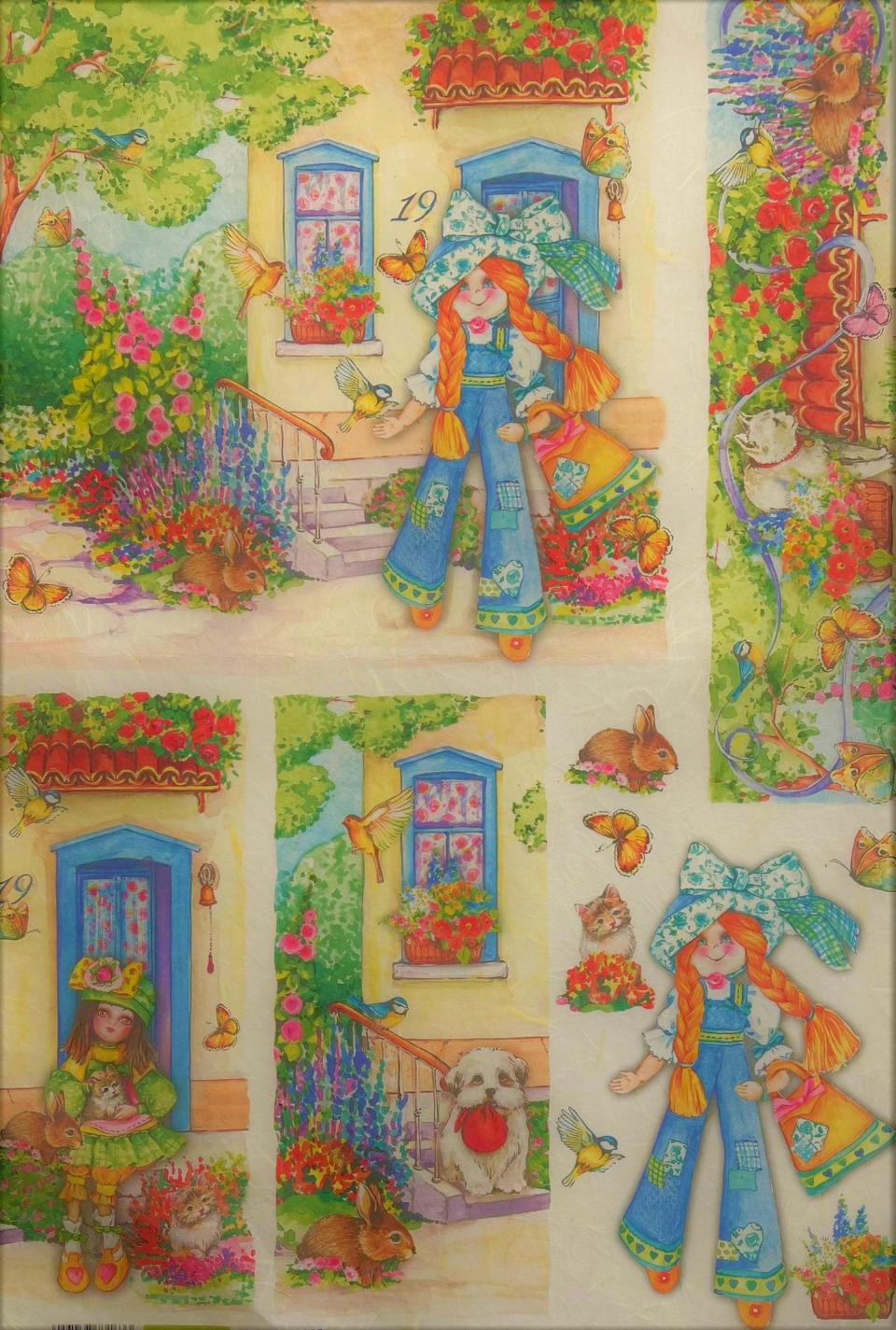 Carta riso ragazza in giardino fiorito con cane coniglio e gatto renkalik 33x48