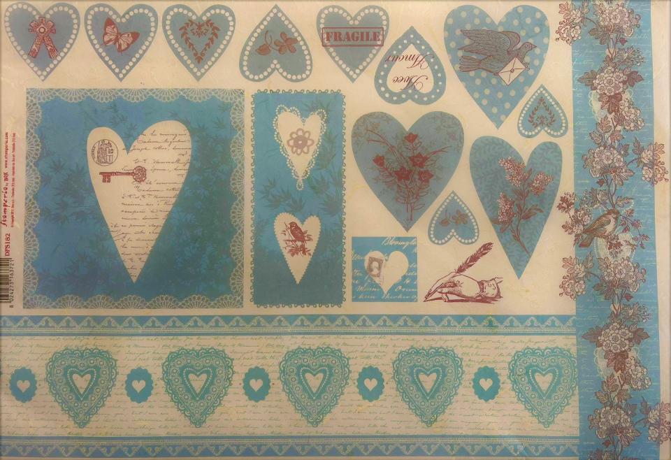 Carta riso cuori azzurro polvere con scritte e fiori stile shabby stamperia 33x48