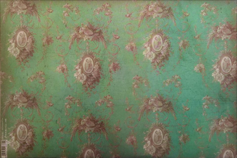 Carta riso decori neoclassici fondo verde pastel stamperia 33x48