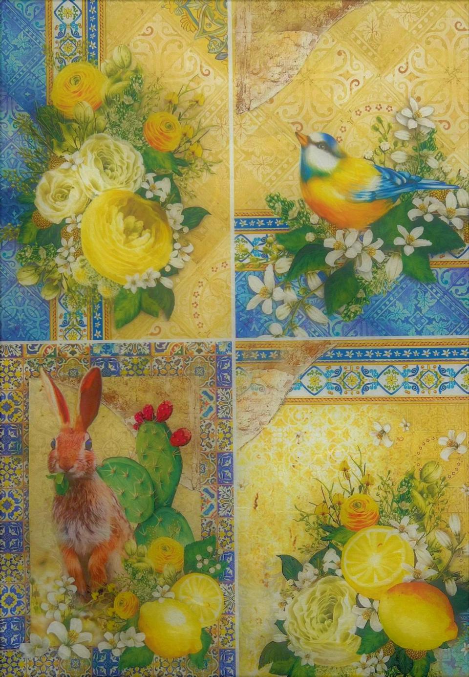 Carta riso Sicilia con limoni, fichi d'india, coniglio e uccellino ciaobella papercrafting 22x38