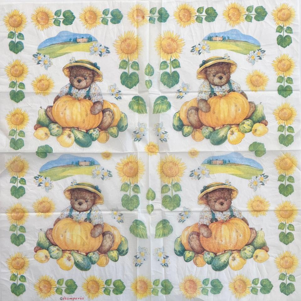 Tovagliolo in carta riso - Orsetto con zucca e girasole stamperia 50 x 50 cm