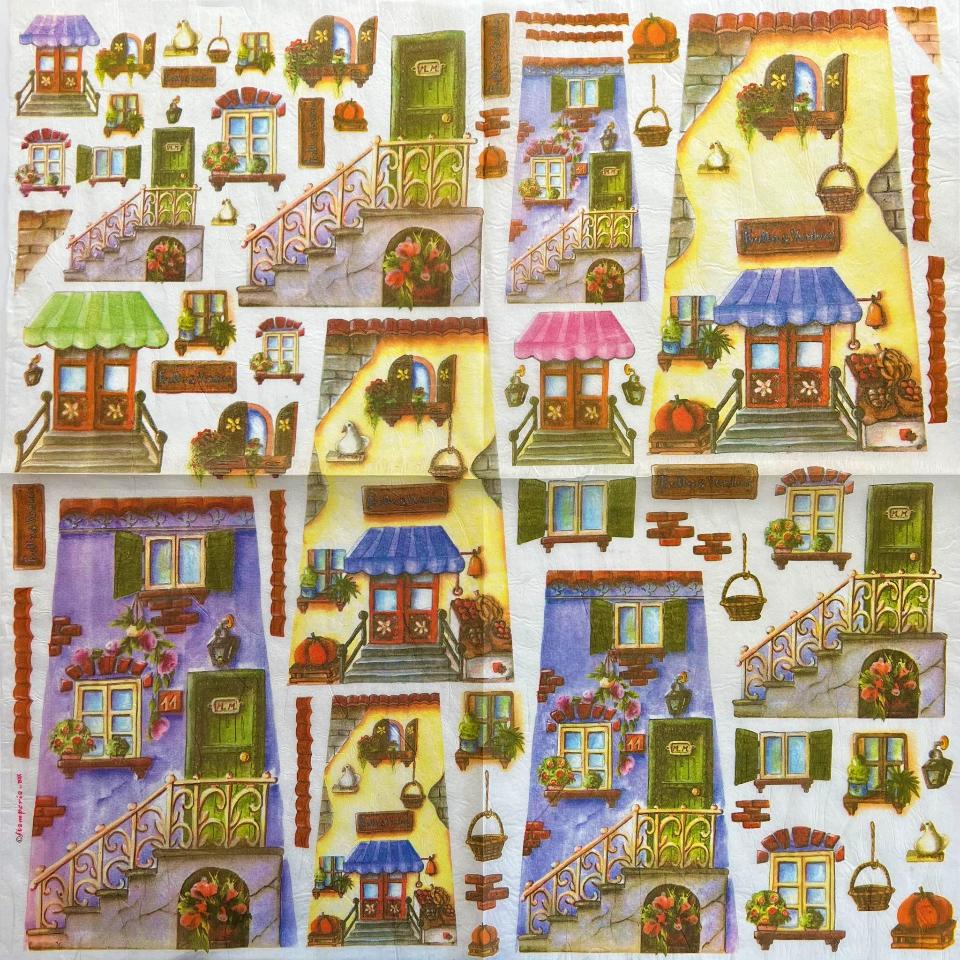 Tovagliolo in carta riso -  tegole con prospetto uno glicine e uno giallo stamperia 50 x 50 cm