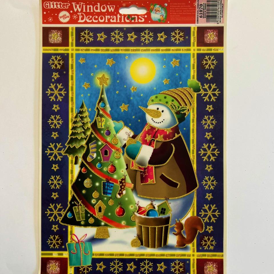 decorazione per finestra pupazzo  di neve e albero addobbato comarco busta da 1 pezzo 20 x 30 cm