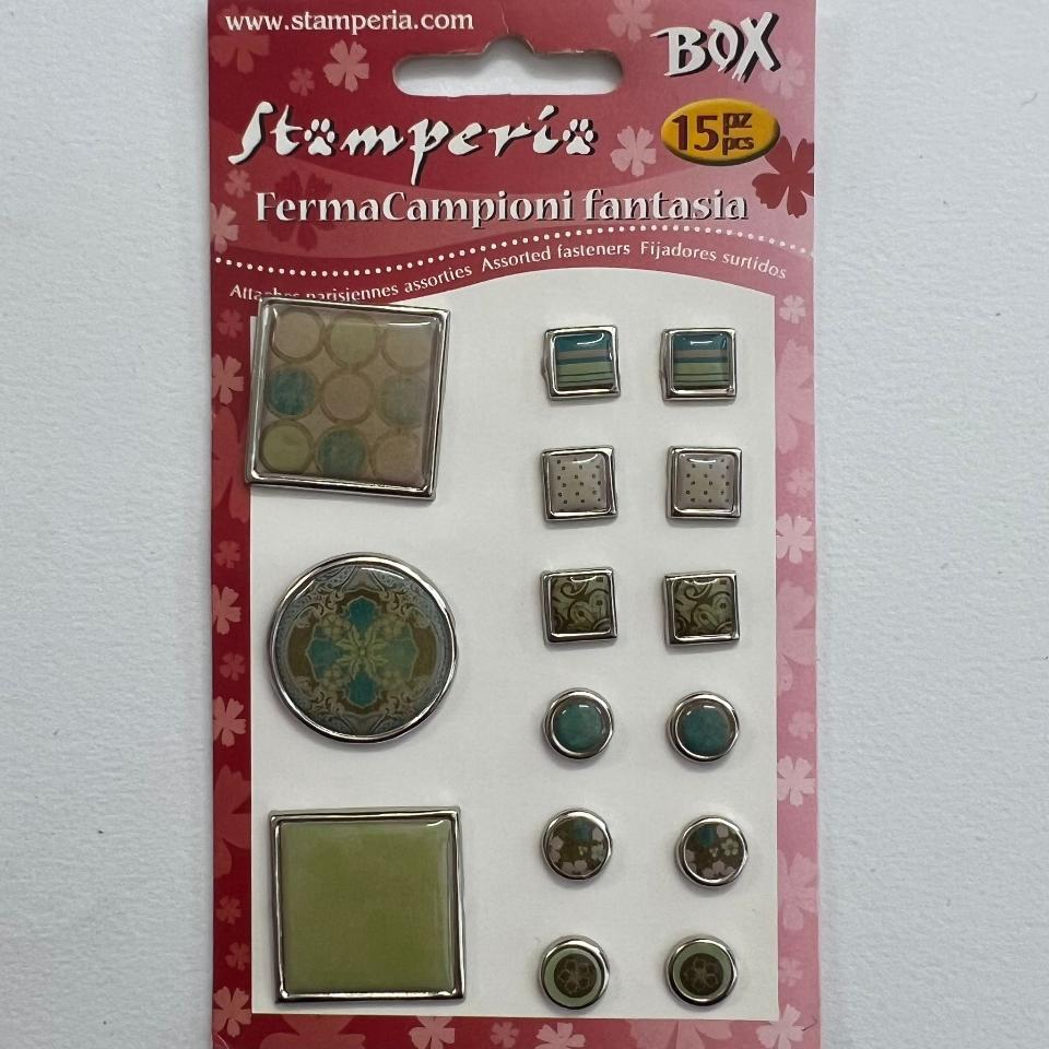 Fermacampione fantasia stamperia busta con 15 pezzi tondi e quadrati