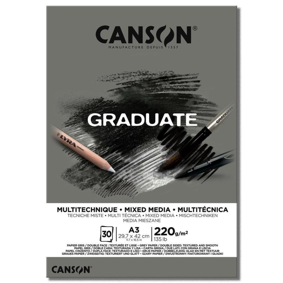 Blocco multitecnica con fogli grigi  double face grana media/grana fine Canson A3  29.7 x 42 cm N° 30 Fogli | 220 g./mq