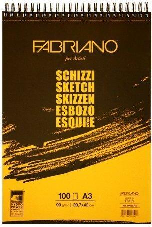 Blocco per Schizzi spiralato lato corto Fabriano 90/gsm | A3  29,7 x 42  cm | 100 fogli