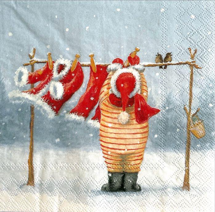 Tovagliolo di Natale con Babbo Natale e panni stesi arti e grafica busta 2 pz da 33x33