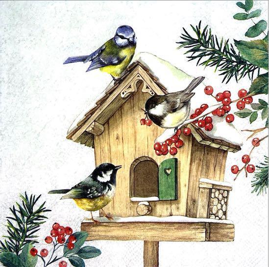 Tovaglioli per decoupage con casetta innevata ed uccellini arti e grafica busta da 2 pezzi 33x33