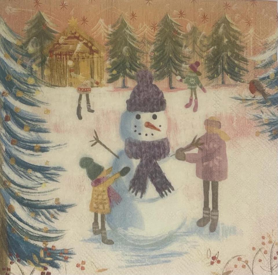 Tovaglioli per decoupage natalizio con Pupazzo di Neve e bimbi arti e grafica busta 2 pz da 33x33