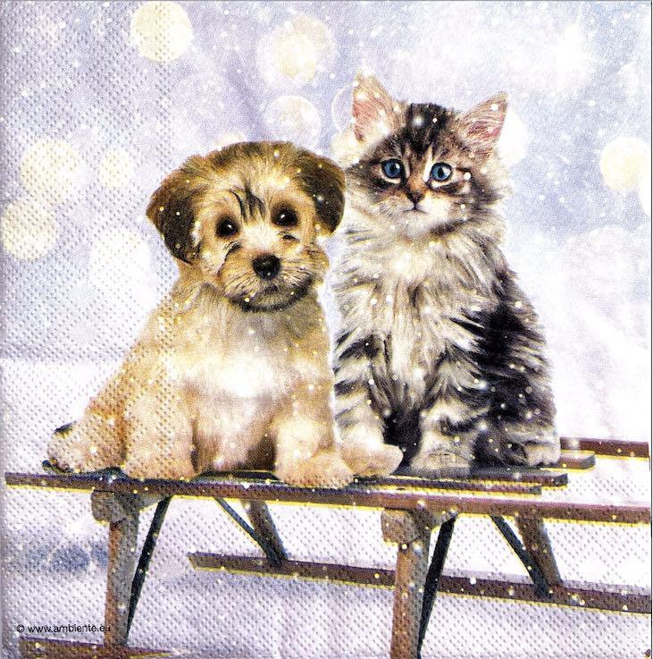 Tovagliolo per decoupage natalizio con cane e gatto arte e grafica busta 2 pz da 33x33
