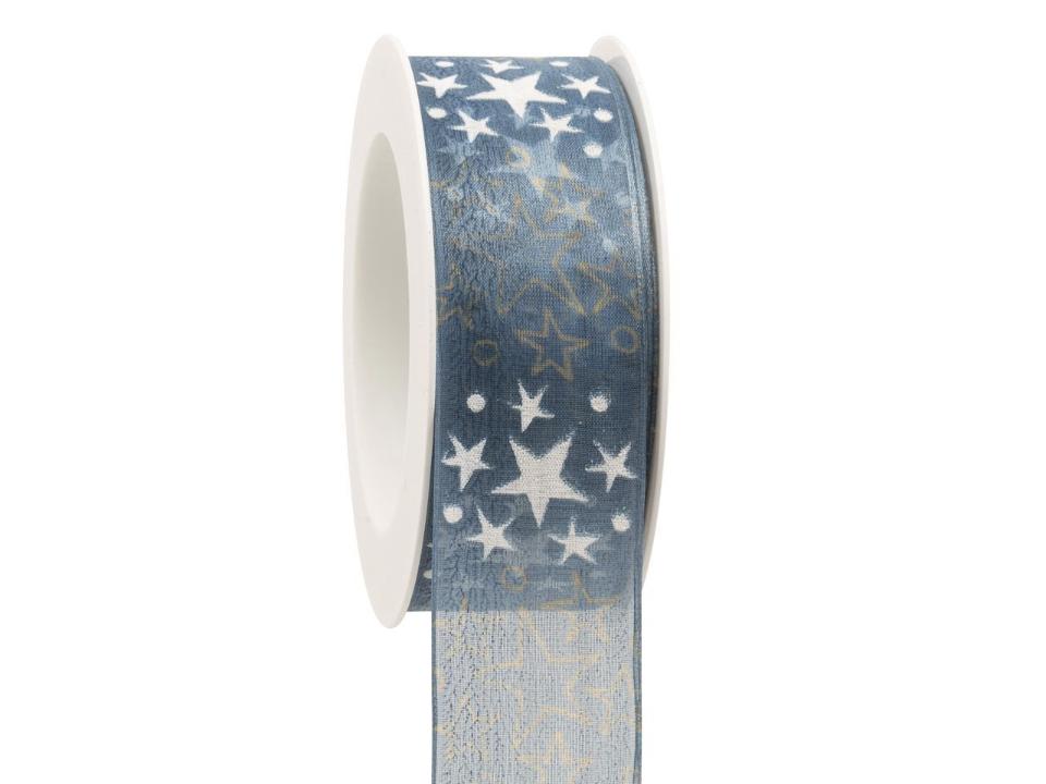 Nastro fondo celeste con stelline bianche e oro Goldina 40 mm x 1 mt