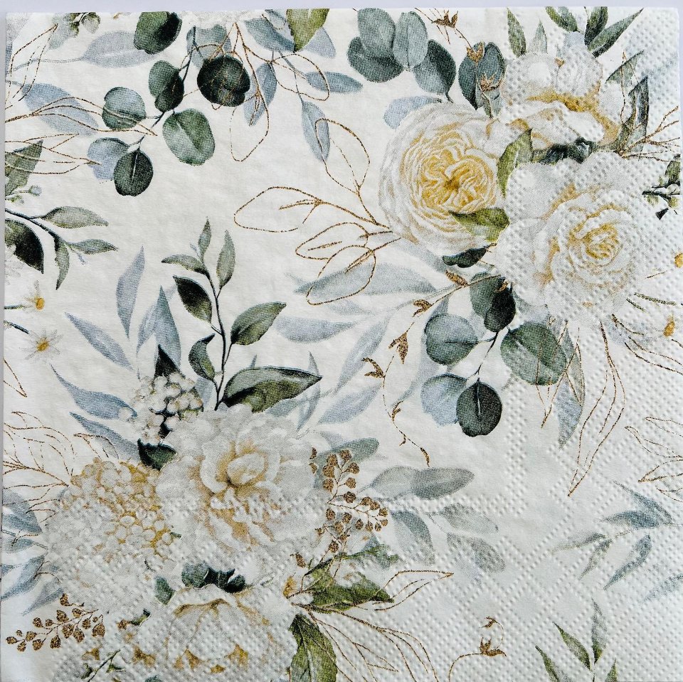 Tovaglioli per decoupage - rose bianche e foglie verde salvia arti e grafica busta da 2 pezzi 33x33 cm
