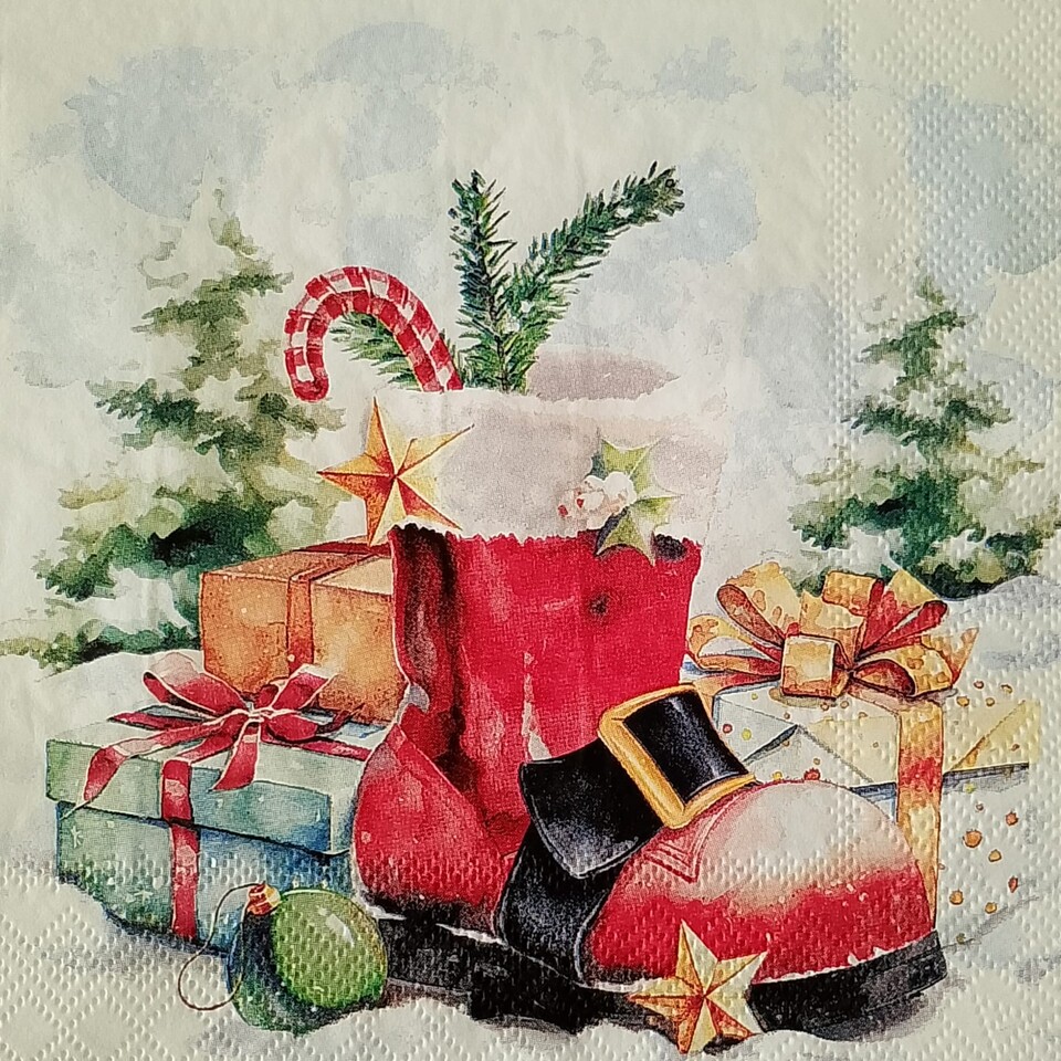tovaglioli per decoupage scarpone, doni ,e alberi innevati ambiente busta da 2 pezzi 33x33