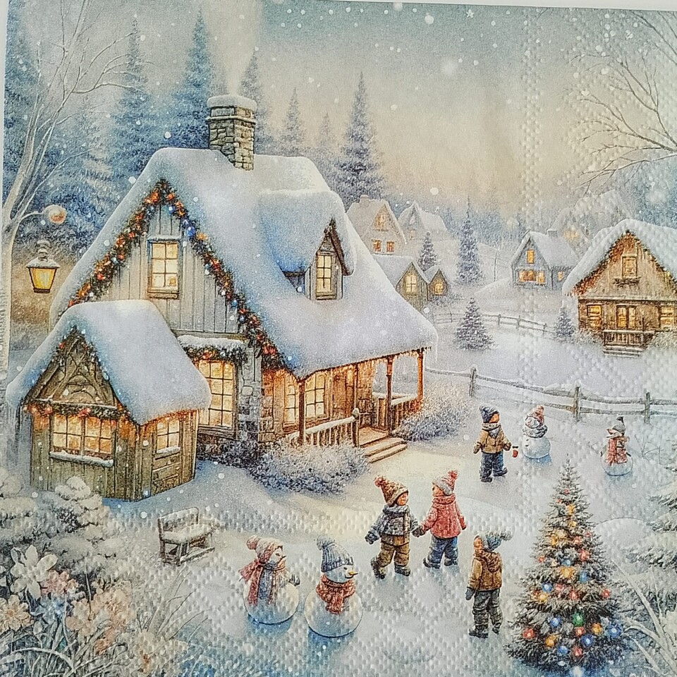 tovaglioli per decoupage paesaggio e bimbi sulla neve ambiente busta da 2 pezzi 33x33