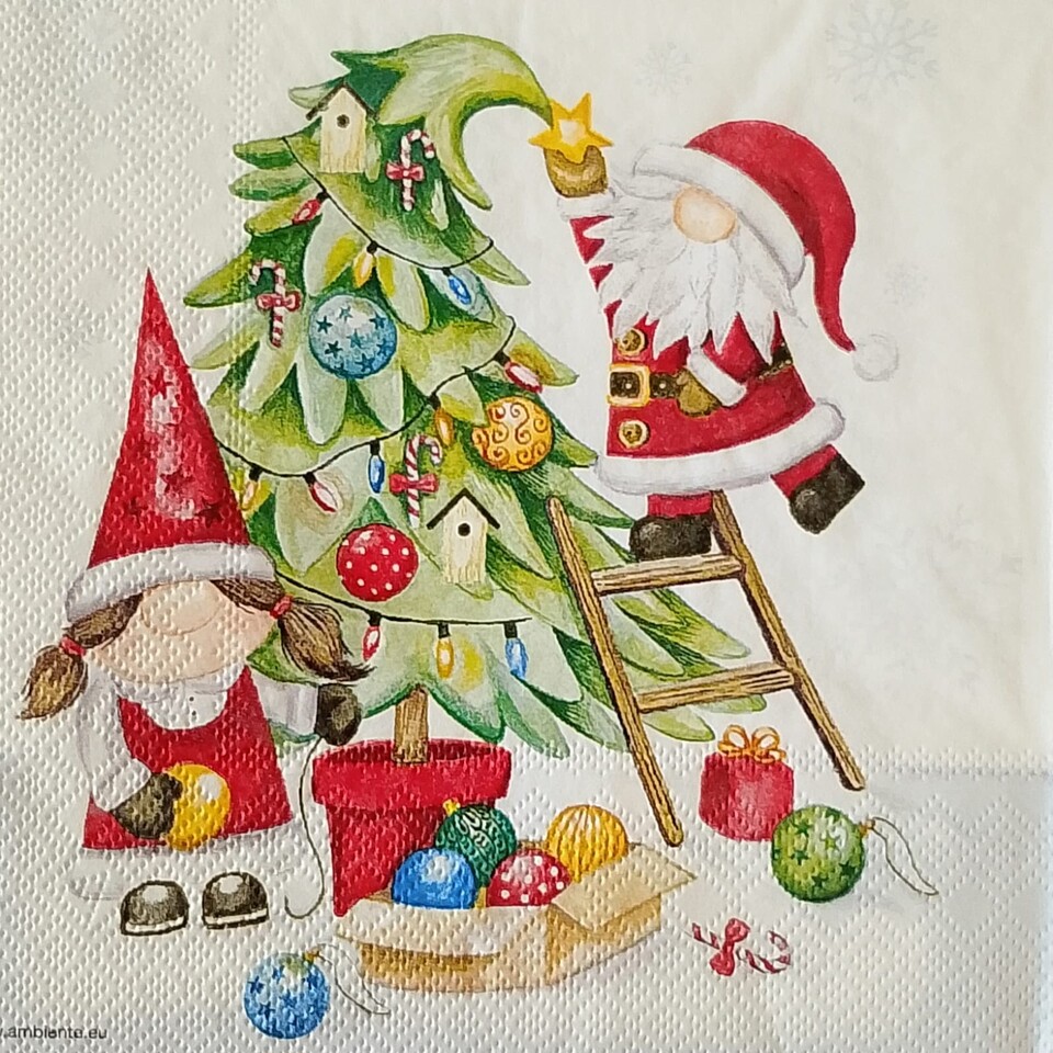 tovaglioli per decoupage elfo e babbo natale che addobbano albero ambiente busta da 2 pezzi 33x33