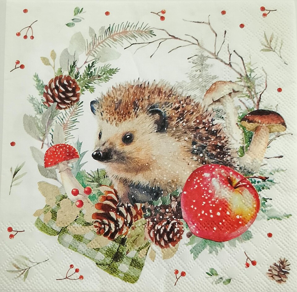 tovaglioli per decoupage natalizi riccio con pigne e mela arti e grafica busta da 2 pezzi 33x33