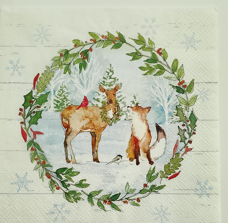 tovglioli per decoupage cervo e volpe sulla neve ambiente busta da 2 pezzi 33x33