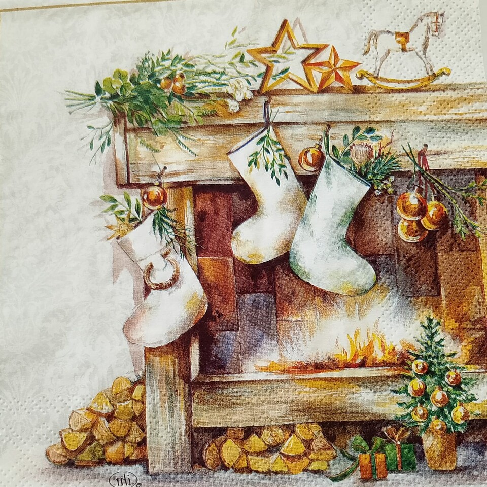 tovaglioli per decoupage natalizio camino con calze appese arti e grafica busta da 2 pezzi 33x33