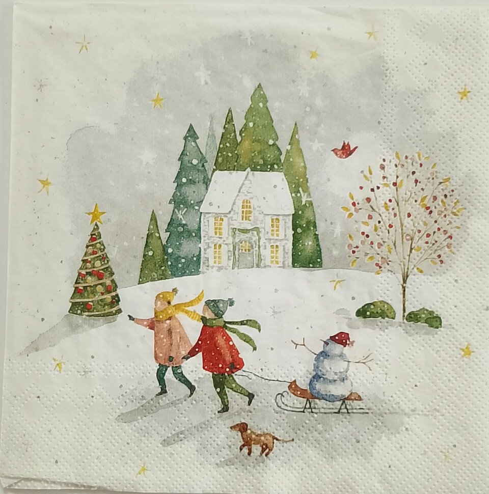 tovaglioli per decoupage natalizio bambini sulla neve con pupazzo di neve arti e grafica busta da 2 pezzi 33x33
