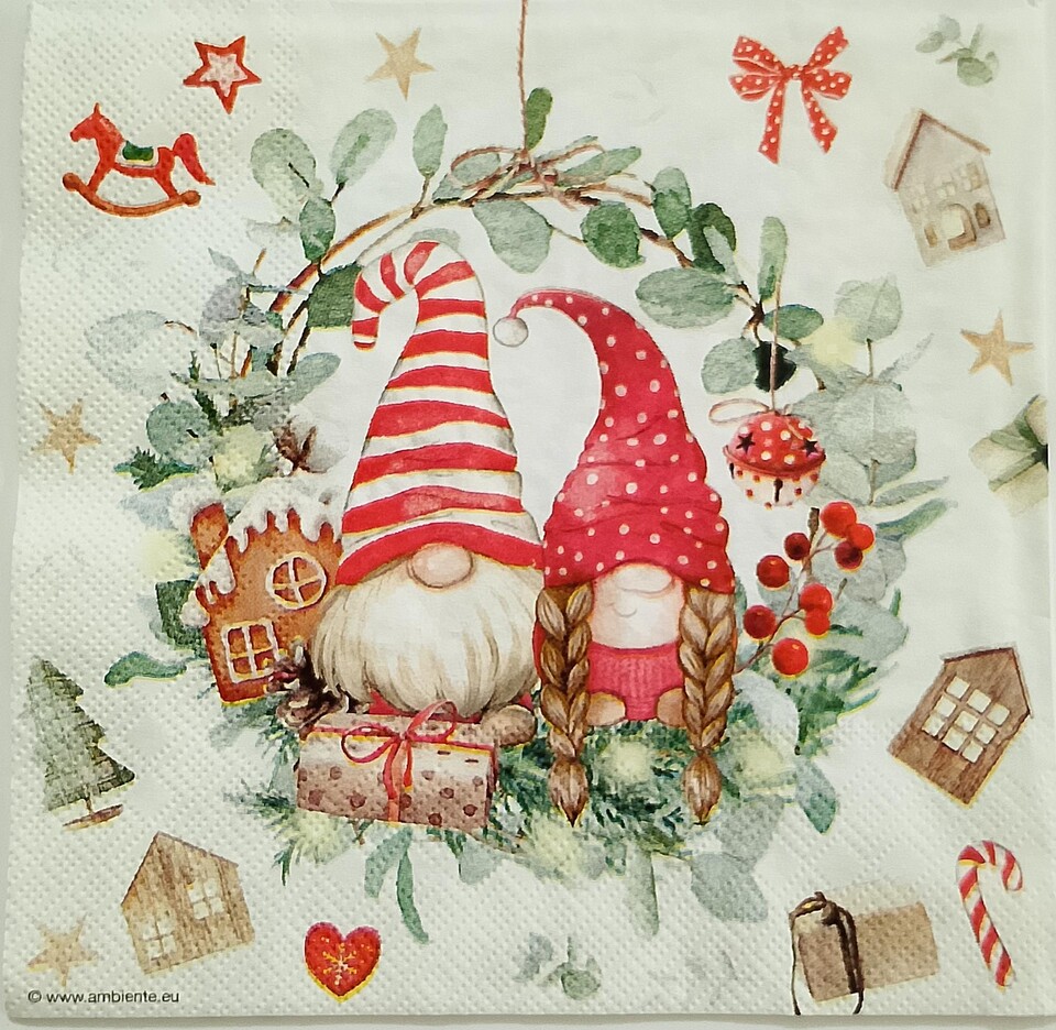 tovaglioli per decoupage  coppia di gnomi con doni arti e grafica busta da 2 pezzi 33x33