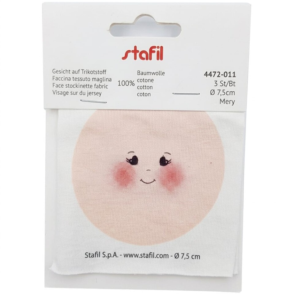 faccina tessuto in maglina con occhi a cuoricino diametro 7,5cm Stafil busta da 3 pezzi