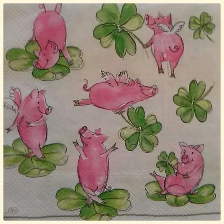 Tovagliolo per decoupage animali maialini e quadrifogli arti e grafica busta da 2 pezzi 33 x33 cm