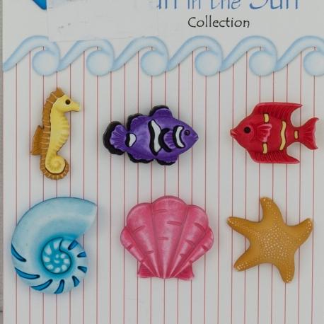 Bottoni decorativi  in resina conchiglie e pesci stafil busta da 6 pezzi 2 cm x 2 cm