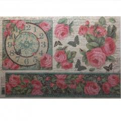 Carta riso orologio con rose stamperia 33x48