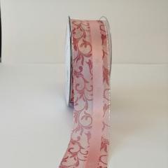 Decoro ghirigori rosa intenso con filo metallico pbs fondo organza rosa con perfili argento mm40