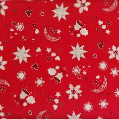 Stoffa Natalizia fiocchi neve cuori campane stelle e lune stafil fondo rosso H 140cm
