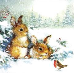 tovaglioli per  decoupage natalizio con conigli e pettirosso arti e grafica busta da 2 pezzi 33x33