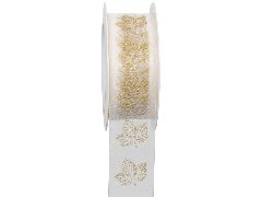 nastro in organsa bianco con foglie di edera oro Goldina 40 mm x 1mt