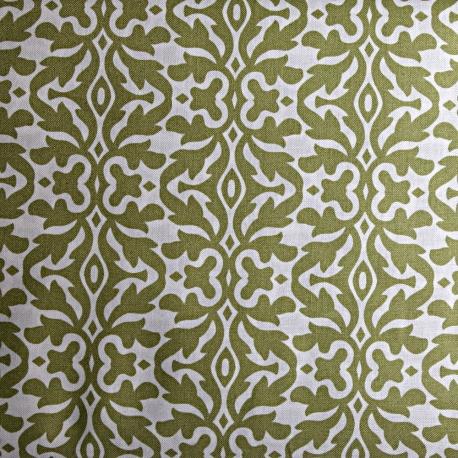 Tessuto americano bianco con decori verdi arti e grafica 110x30cm