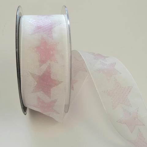 Nastro di Natale con decoro stelle rosa su fondo bianco con glitter argento con filo nylon pbs 40mm