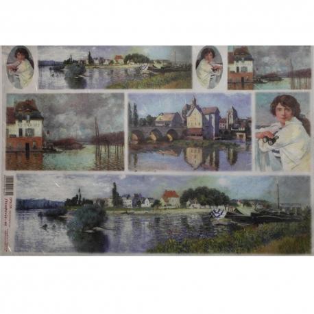 Carta riso  decoupage fantasia paesaggio impressionista stamperia  1 foglio 33x48 (cm)