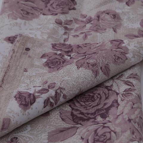 Tessuto misto lino con rose arti e grafica cm 150x70
