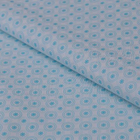 Stoffa Tante Ema bianca con cerchi e fiori azzurri TANTE EMA 130X30CM