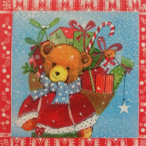 tovaglioli per decoupage natalizio  orsetto con doni arti e grafica busta da 2 pezzi 33x33